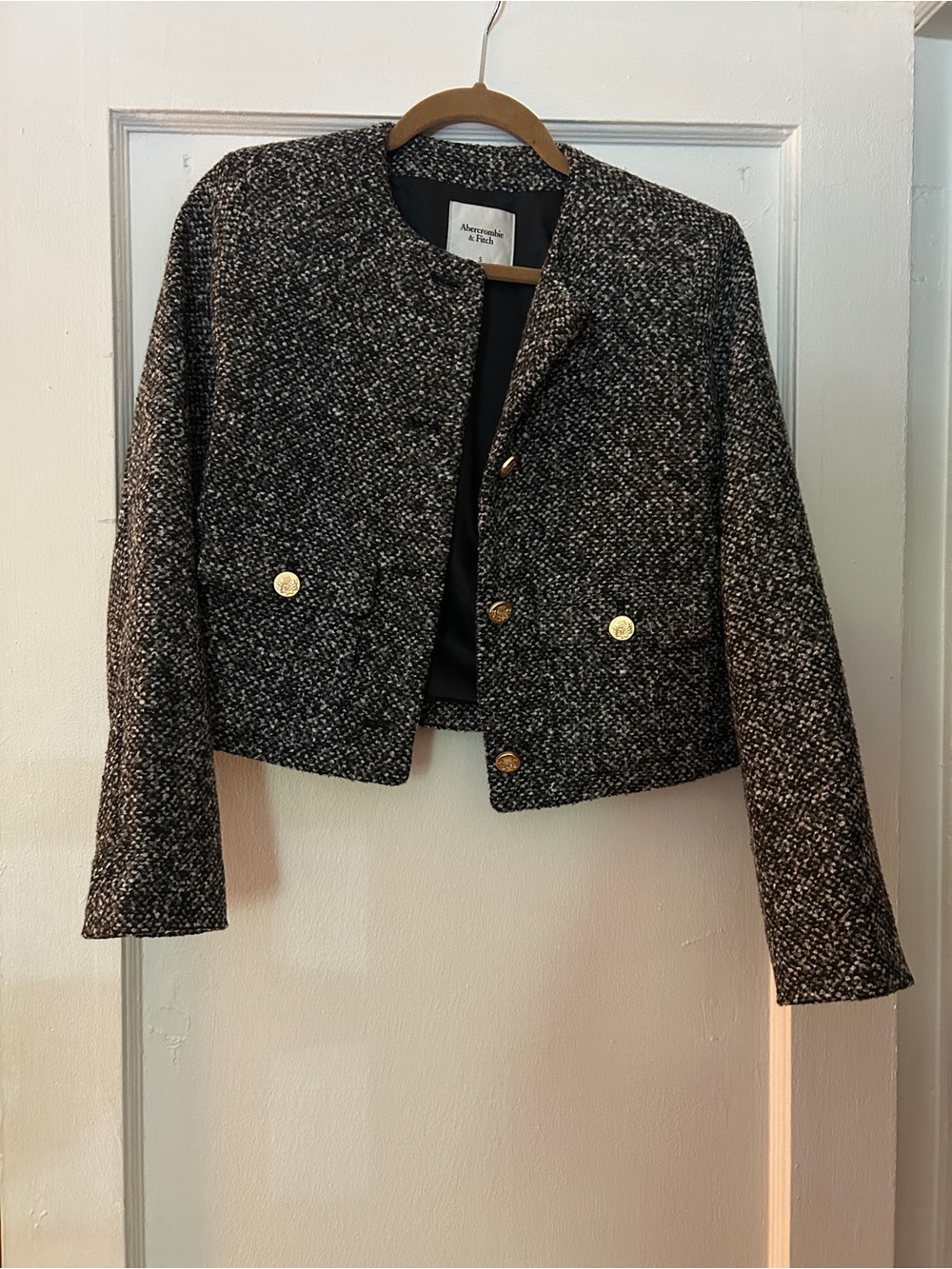 Abercrombie & Fitch Black and White Tweed Crop Blazer with Gold Buttons